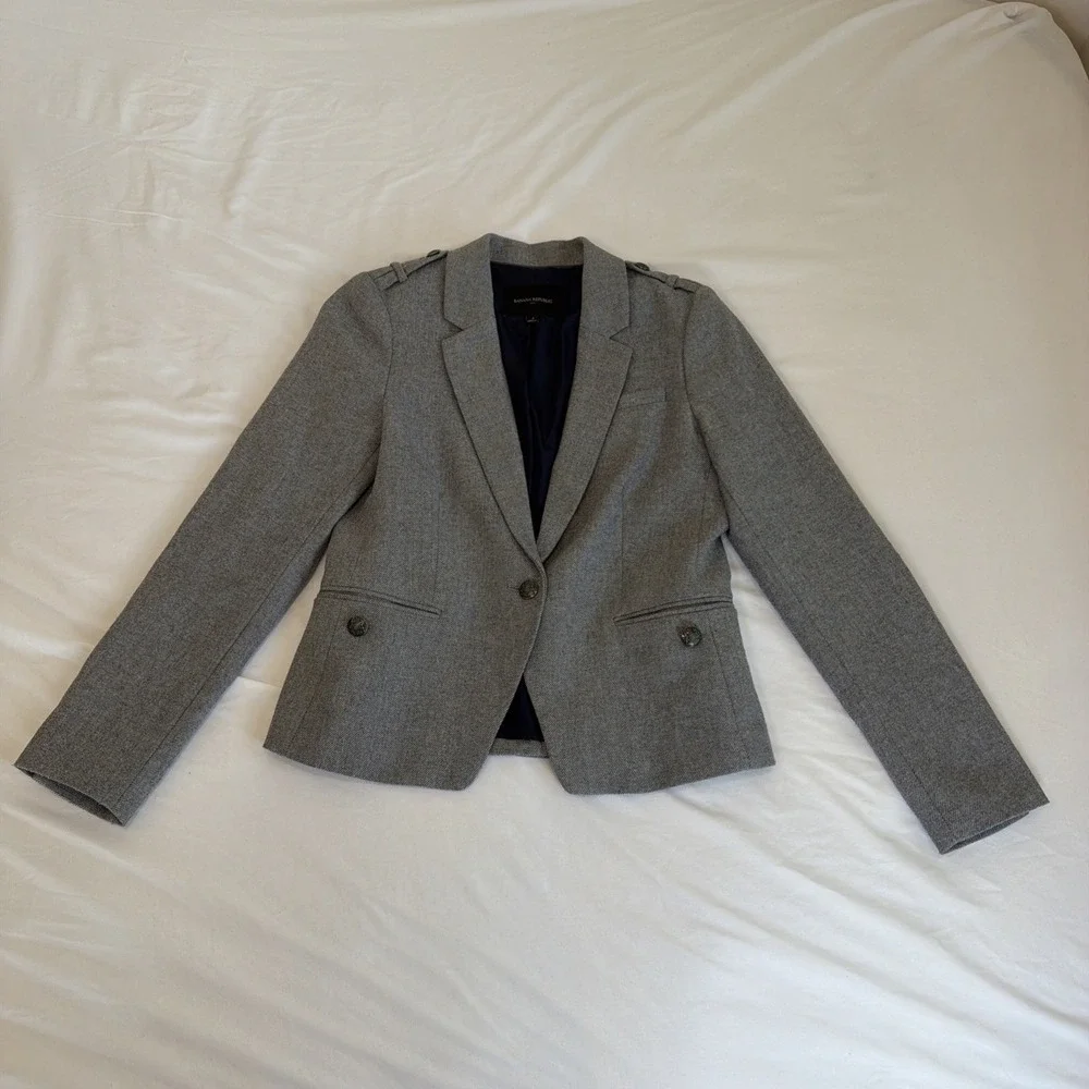 Banana Republic Gray Wool Blend‎ Nautical Preppy Fitted Single Button Blazer 4